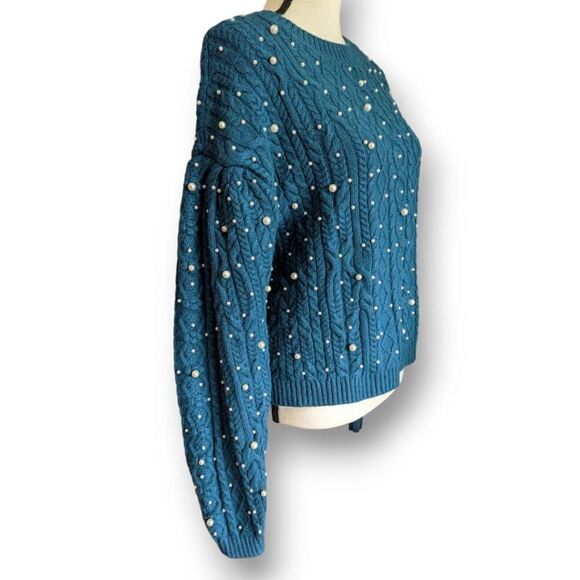Something Navy Womens Sweater Pearl Embellishment Turquoise Small - Picture 3 of 12
